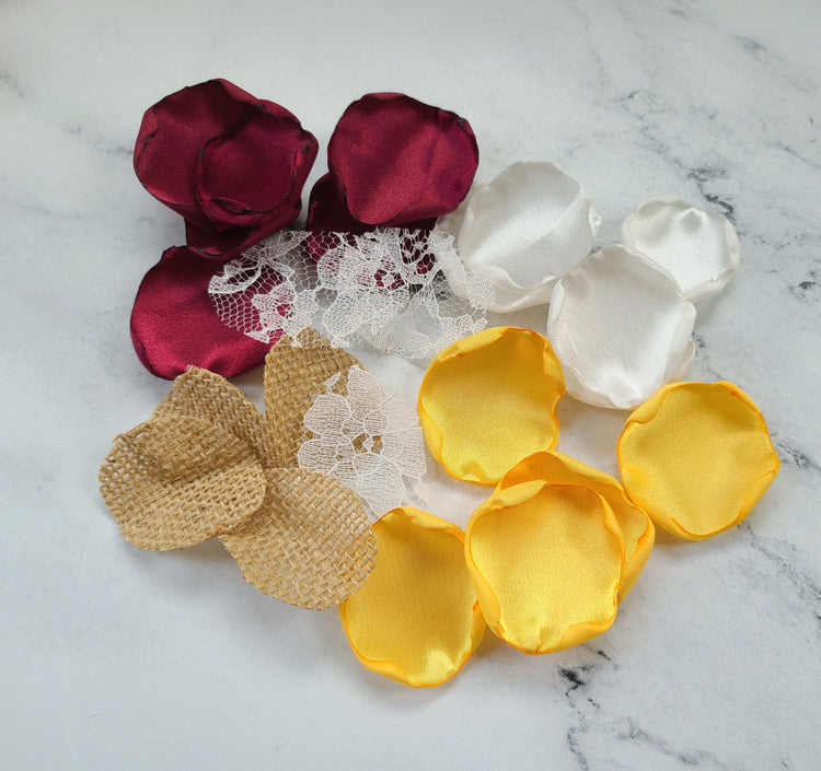 Rustic wedding ideas, Western table decor, Burlap, and lace flower girl petals. Rose petals