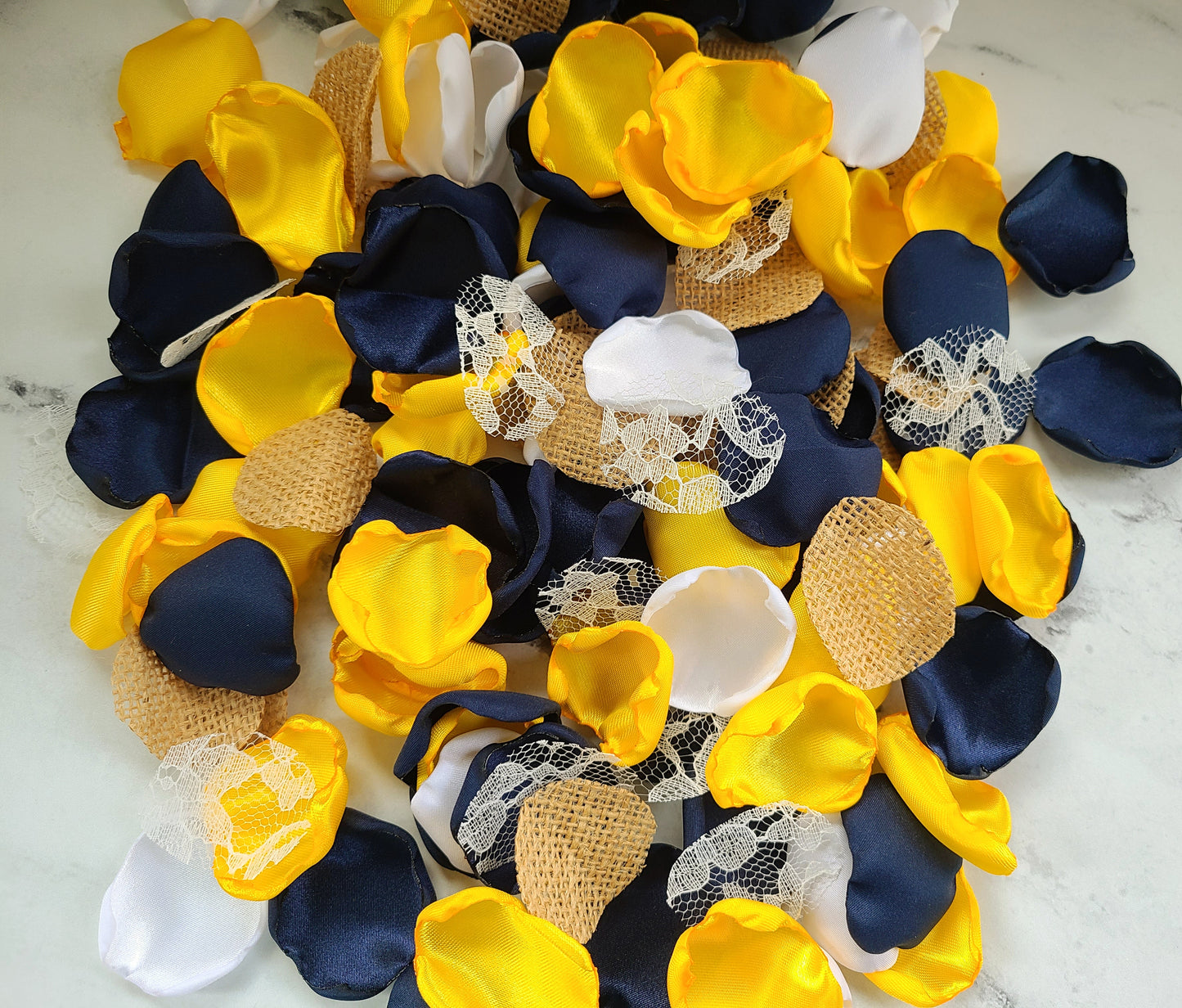 Navy Blue, Lace, Burlap & Sunflower Yellow Rose Petals for Rustic Fall Wedding Decor Ideas, flower petals for table confetti, western wedding table decor