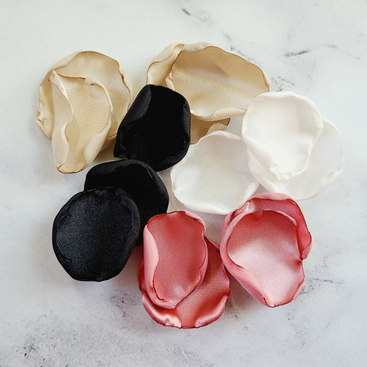 Black, Ivory, Beige, & Dusty Pink Rose Petals for a Boho Wedding Theme, flower girl basket and table confetti.