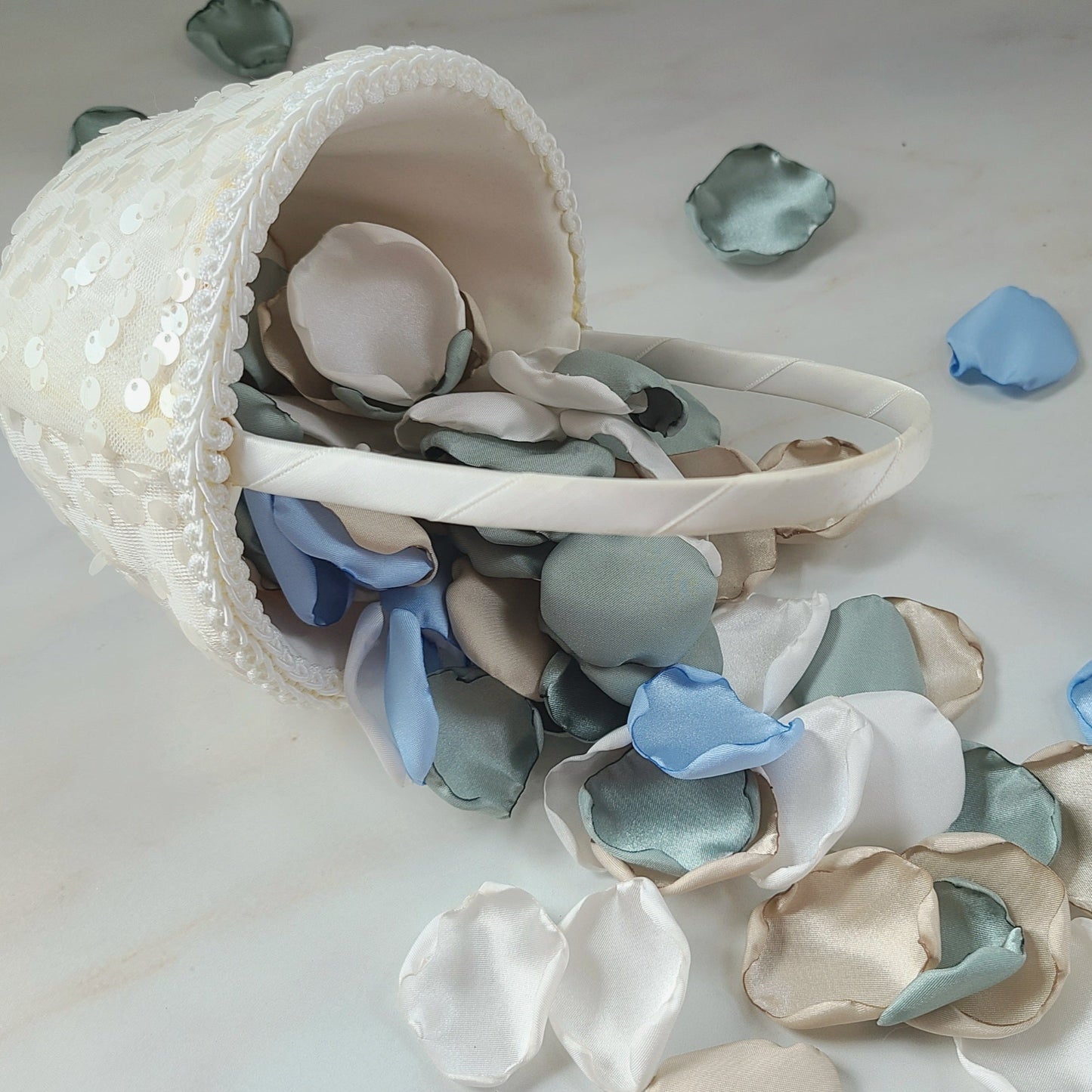 Ivory, Beige, Dusty Sage, Ice Blue Rose Petals for Wedding Decor, flower girl baskets, table confetti, boho themed wedding ideas