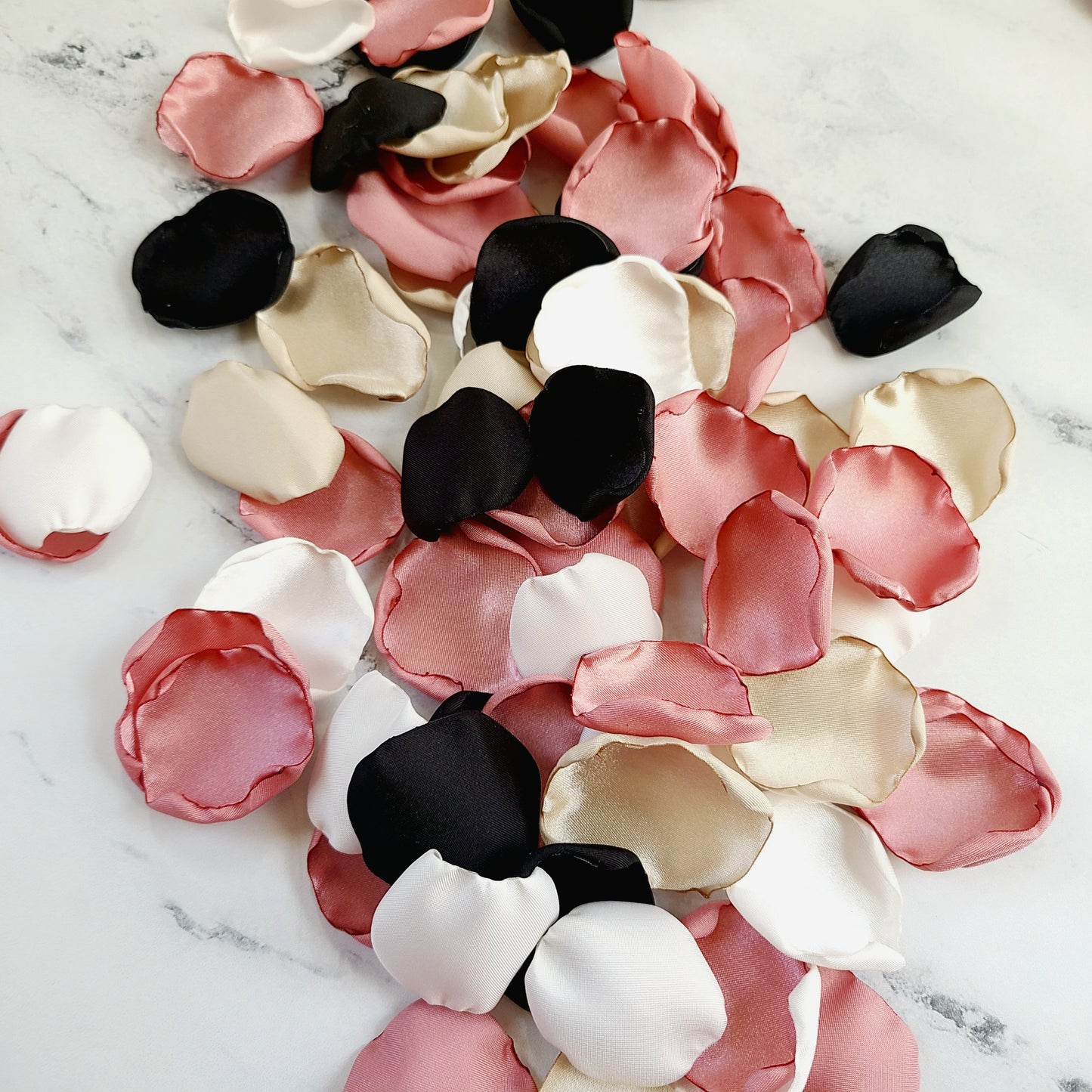 Black, Ivory, Beige, & Dusty Pink Rose Petals for a Boho Wedding Theme, flower girl basket and table confetti.