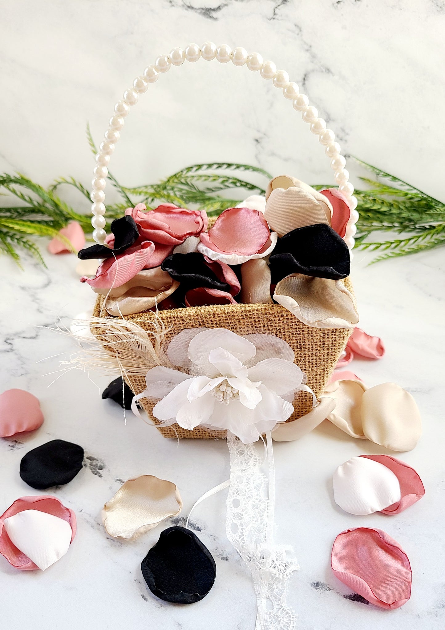 Black, Ivory, Beige, & Dusty Pink Rose Petals for a Boho Wedding Theme, Western flower girl basket and table confetti.