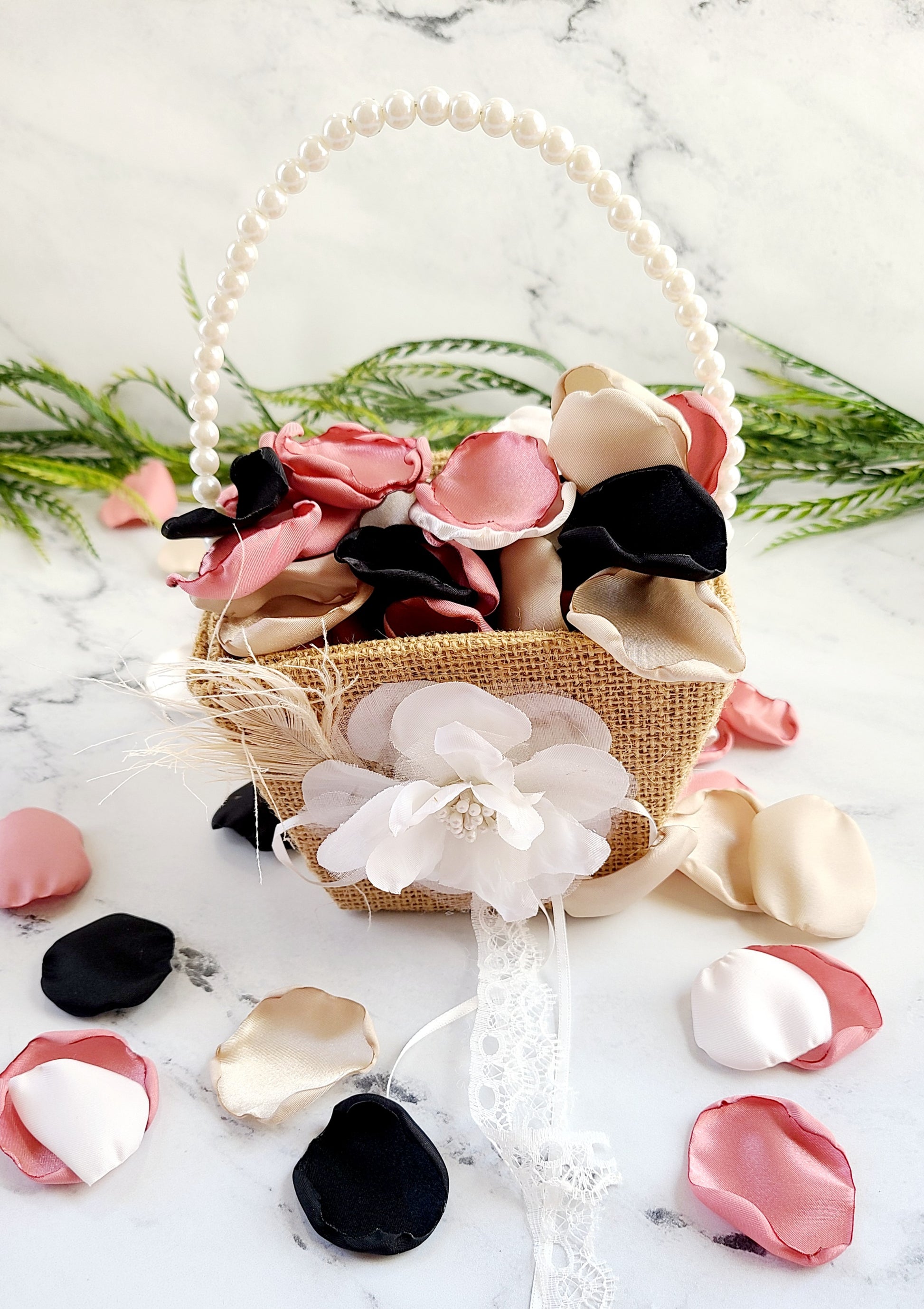 Black, Ivory, Beige, & Dusty Pink Rose Petals for a Boho Wedding Theme, Western flower girl basket and table confetti.