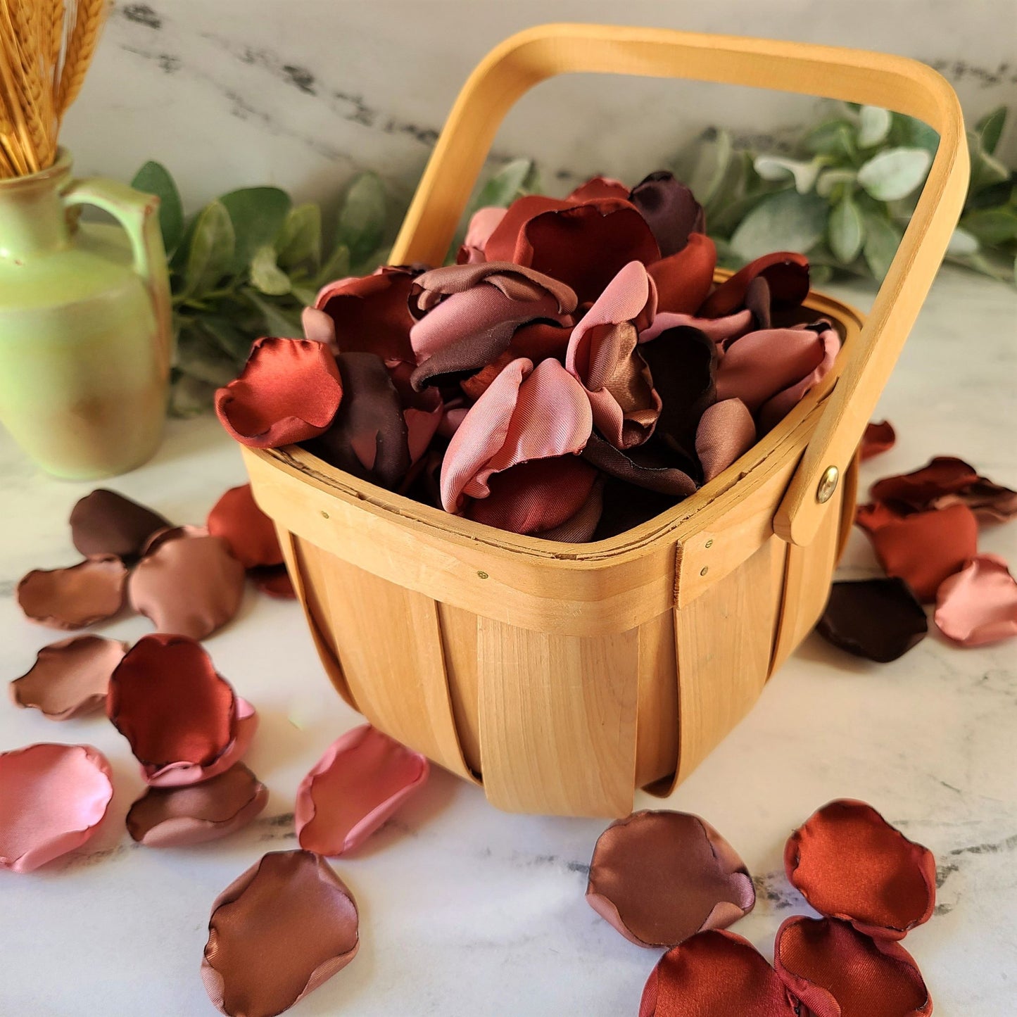 Rustic, boho flower girl basket filled with Cinnamon, Dusty Rose, Mauve Rose Petals. Fall Wedding Decor, bridesmaid box, wedding aisle decor, flower girl petals, glamorous wedding, table confetti