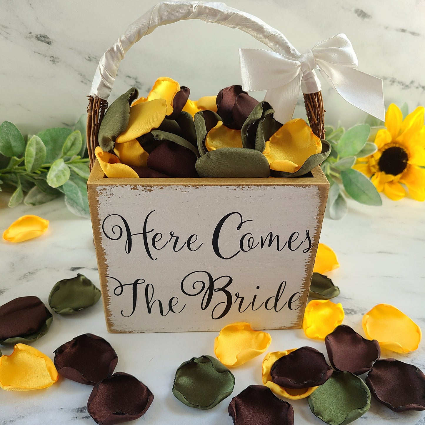 Yellow, Olive Brown, Ivory rose petals for a flower girl basket, custom wedding table confetti, western, rustic, sunflower wedding decorations, flower girl box