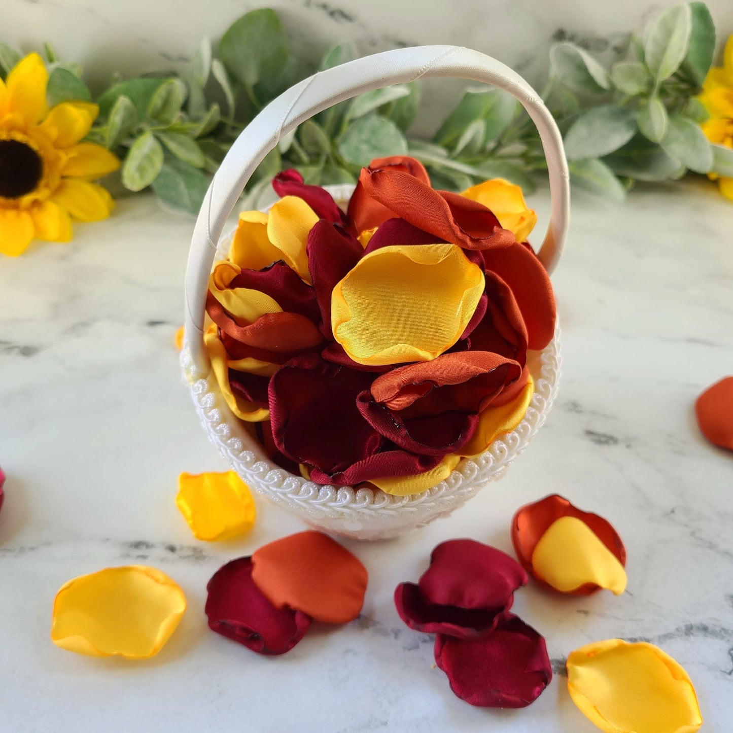 Ivory flower girl basket filled with Burgundy, Rust, Yellow Rose Petals, Fall Rustic Wedding Decor,Burgundy, Burnt Orange, Yellow Rose Petals, Fall Rustic Wedding Decor, Flower Girl Petals, boho wedding aisle decorations, Sunflower wedding ideas, WE Do BBQ