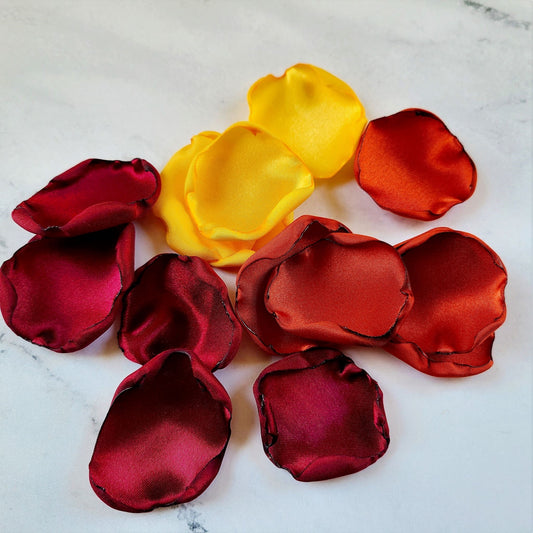 Burgundy, Burnt Orange, Yellow Rose Petals, Fall Rustic Wedding Decor, Burgundy, Burnt Orange, Yellow Rose Petals, Fall Rustic Wedding Decor, Flower Girl Petals, boho wedding aisle decorations, Sunflower wedding ideas, WE Do BBQ