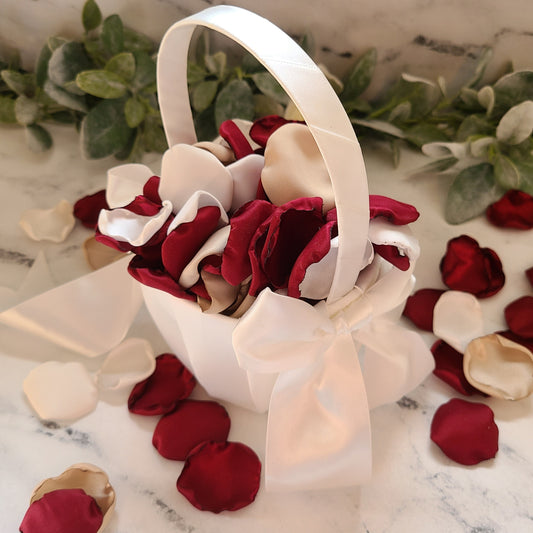Burgundy, Ivory & Beige rose petals in an Ivory flower girl basket, for fall wedding decor, boho wedding aisle decorations, bridesmaid box, engagement proposal props, wedding table centerpiece decor