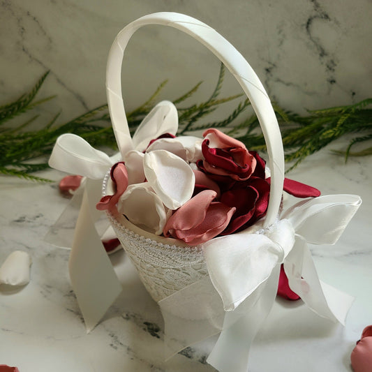 Burgundy, Ivory & Dusty Pink Rose Petals in Ivory Flower Girl Basket, wedding aisle decor, Boho Wedding Ideas