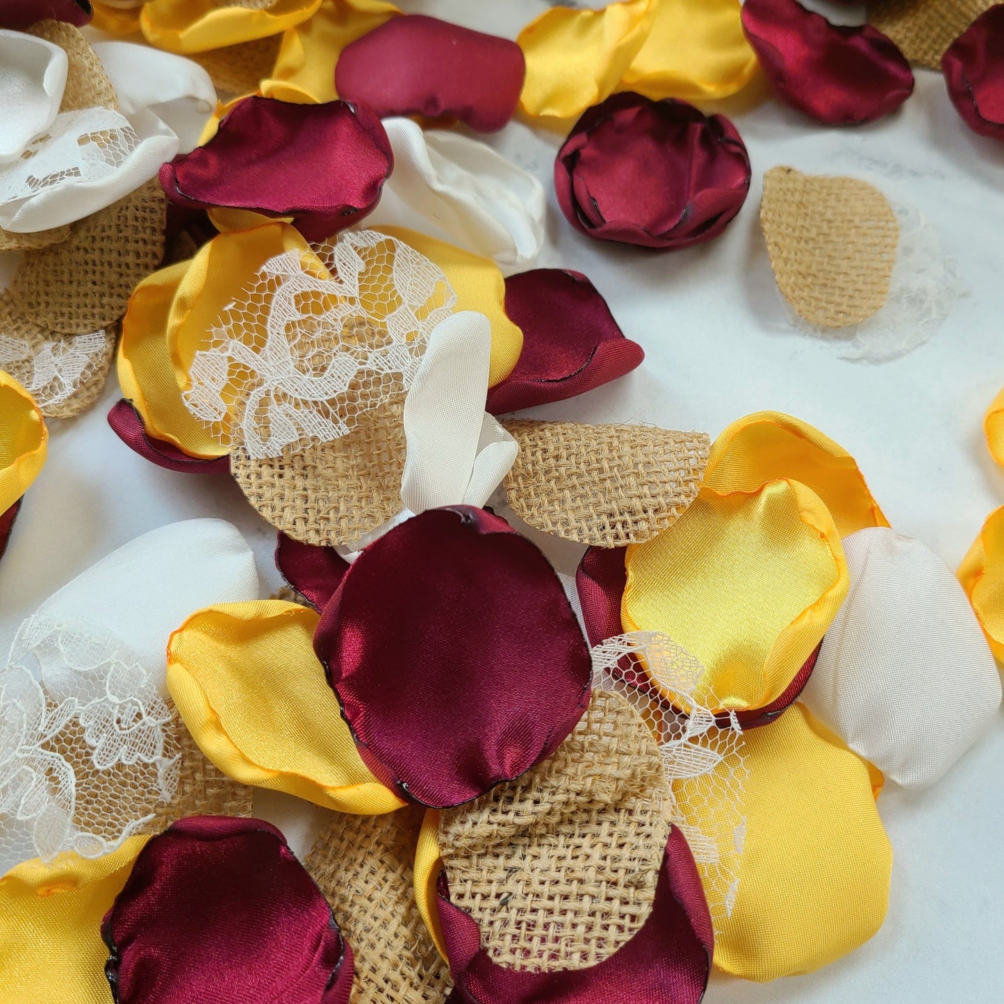 Burgundy, Lace, Burlap & Yellow Rose Petals for Sunflower Wedding Decor, Rustic Western Wedding Table Confetti, Fall wedding aisle decorations, Petals for flower girl baskets, petal patrol box, engagement props