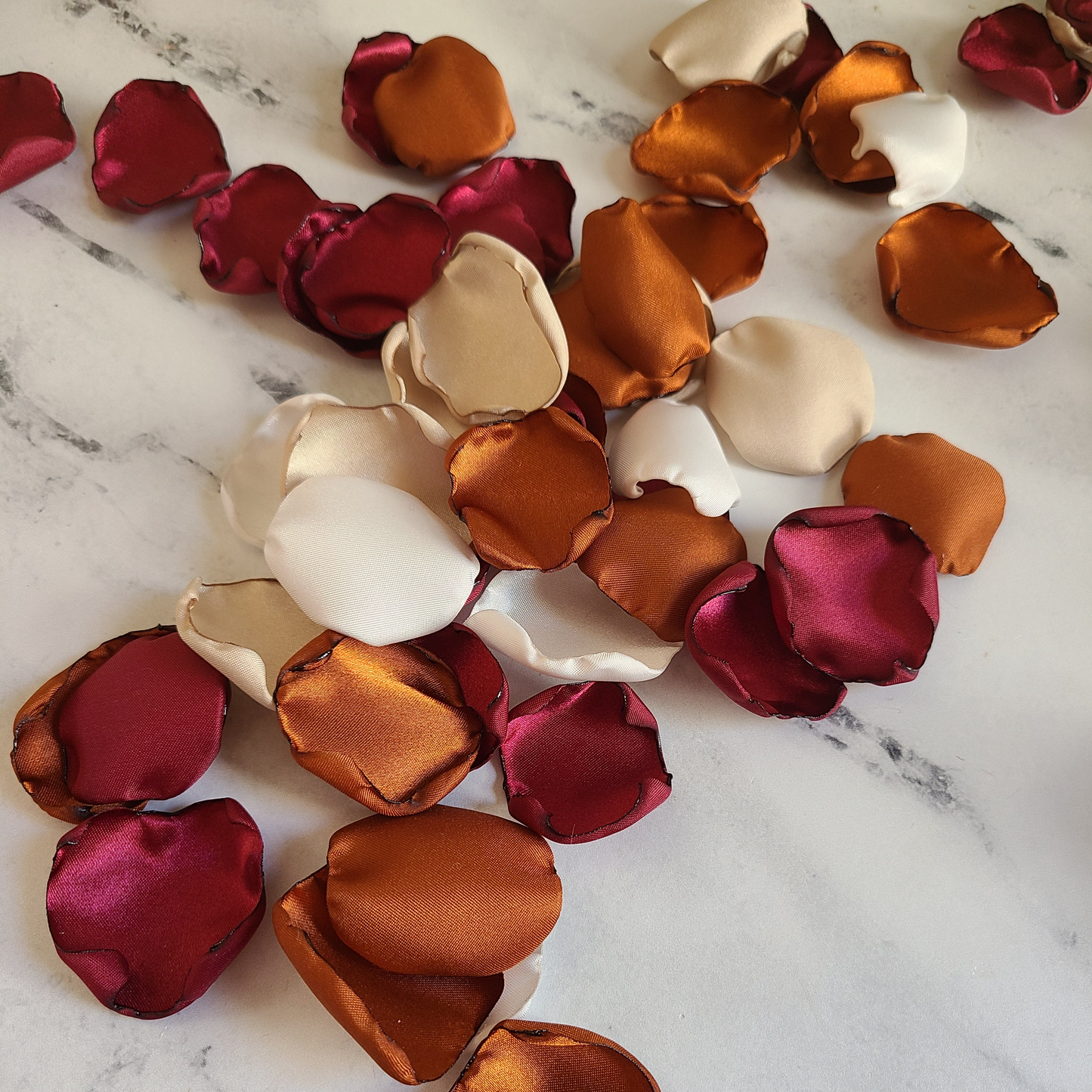 Burgundy, Terracotta, Beige and Ivory rose petals for Flower Girl Baskets, wedding aisle decor, wedding reception table decor, Burgundy, Terracotta, Beige rose petals for a Fall Wedding Theme. Flower petals for a flower girl to toss or put in a basket, Western wedding ideas, aisle decorations, marriage proposal props, table confetti