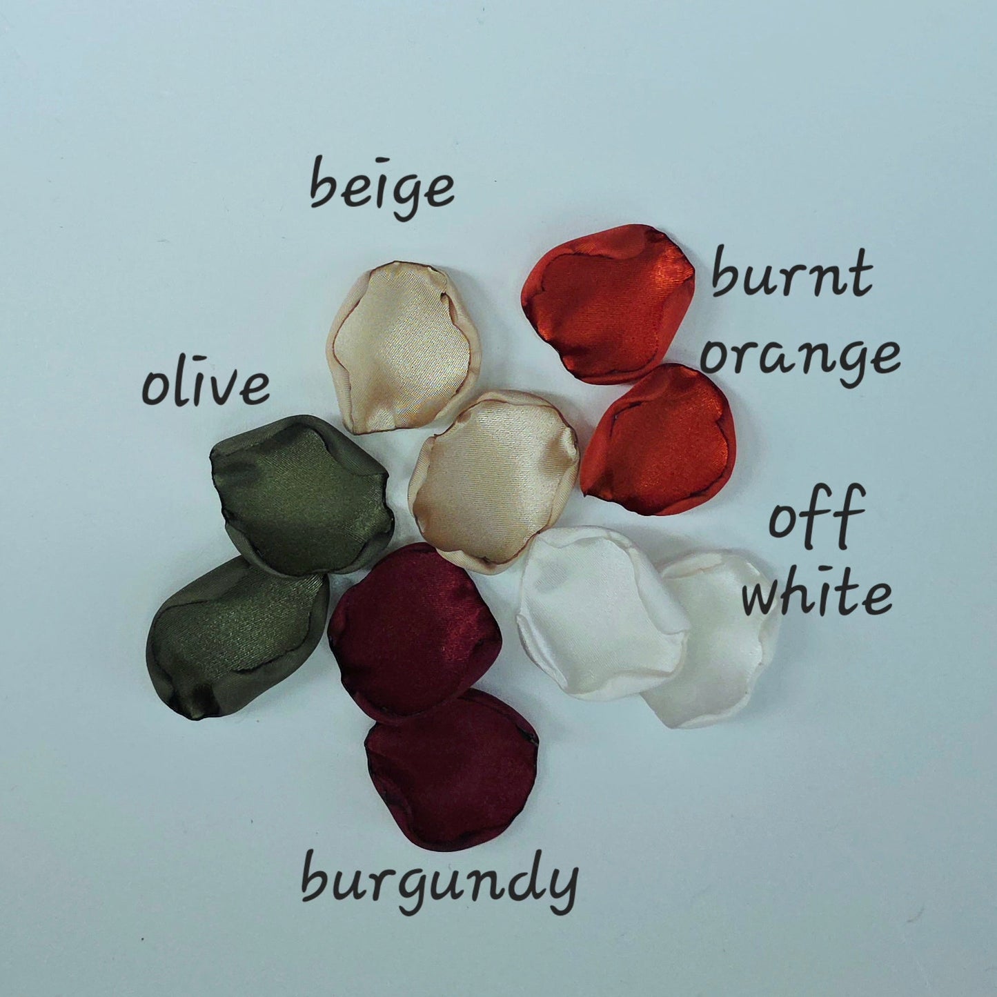 Burnt Orange, Beige, Olive. Burgundy rose petals. Perfect for flower girl tossing, baskets, photo flatlays, table scatter. or aisle decor. Wedding Decor ideas For Future brides planning a fall wedding ceremony or a western inspired bridal shower event.