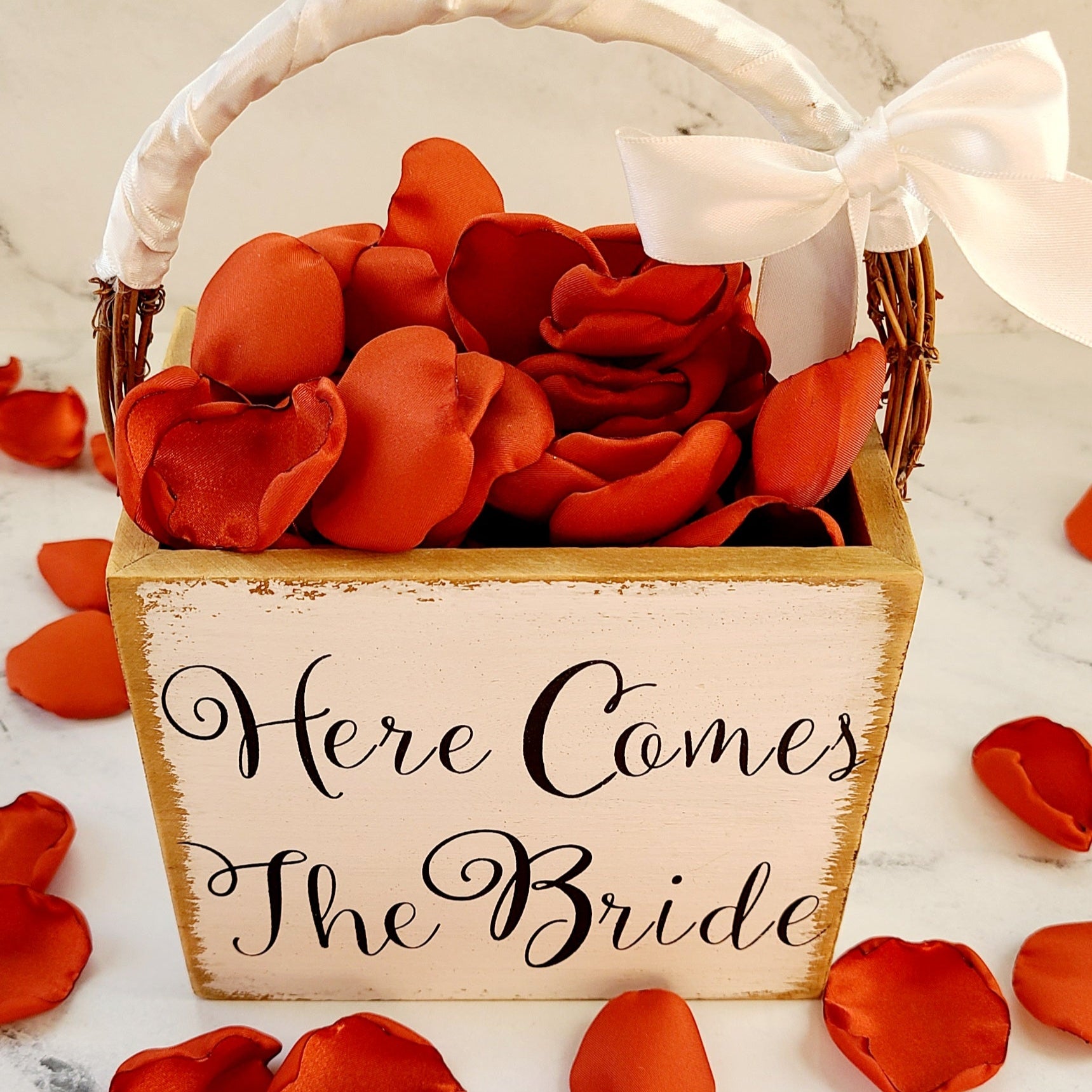Burnt Orange rose petals in Here Comes the Bride flower girl basket, Burnt Orange Rose Petals for flower girl baskets, fall wedding reception table decor, table confetti, aisle decorations, western, rustic wedding ideas, marriage backdrop props