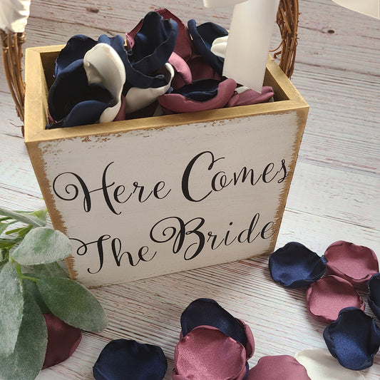Chianti and Navy Rose Petals in Here Comes the Bride Flower Girl Basket