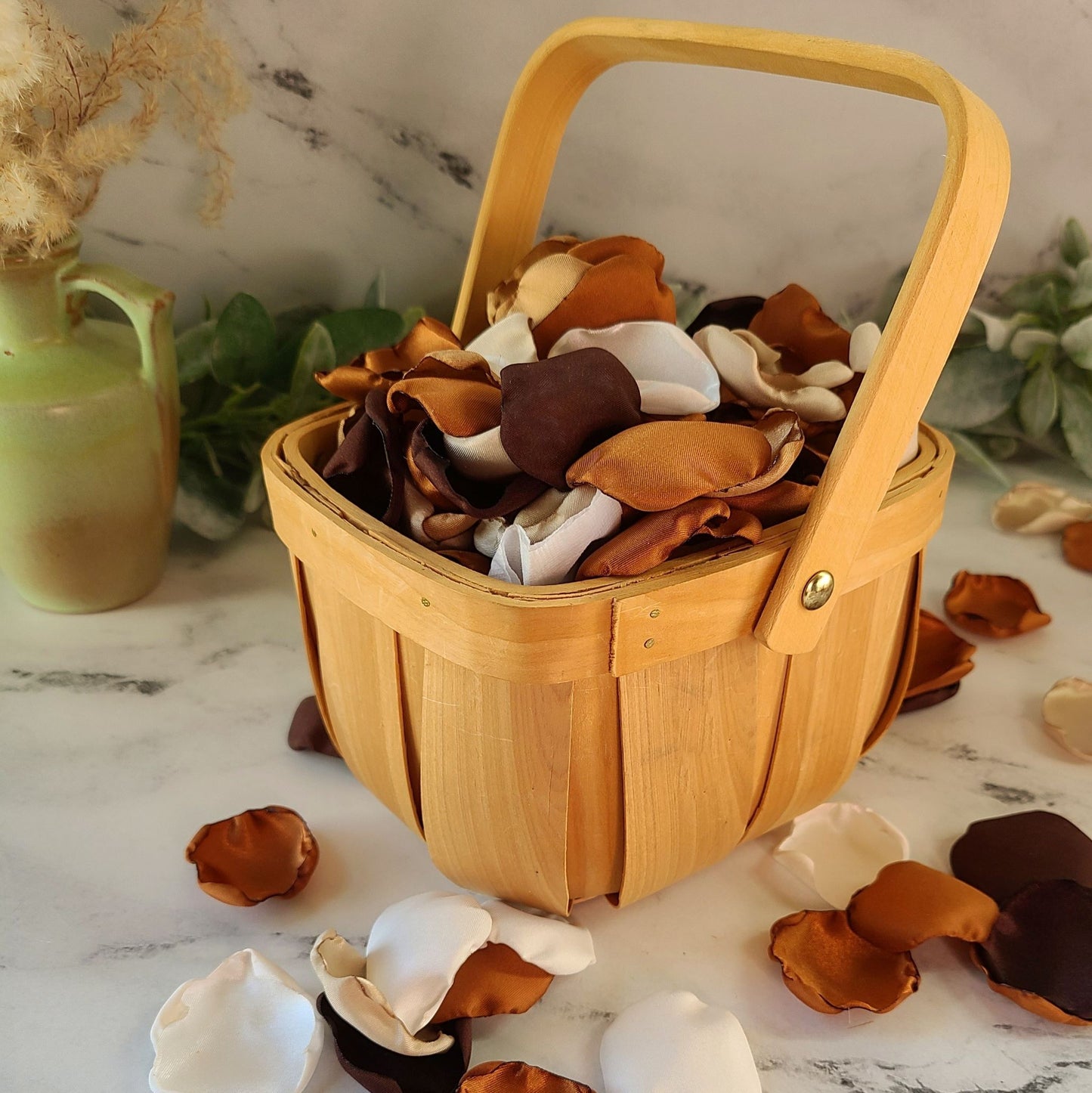 Copper, Brown, Ivory, Taupe and Beige Rose Petals in Rustic Flower Girl Basket