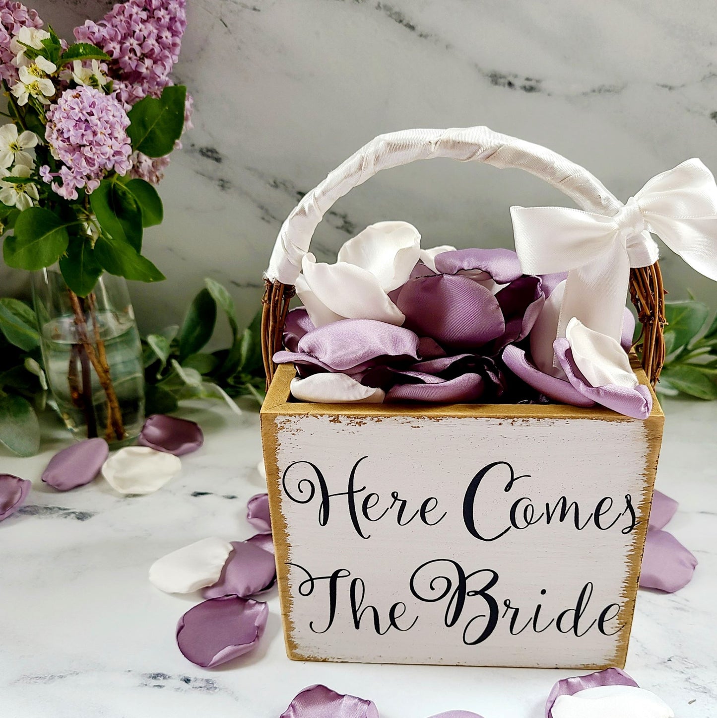 Dusty Purple Rose Petals Wedding Decor Petals, Here comes the bride flower girl basket
