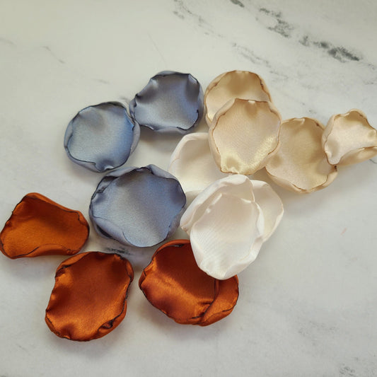 Beige, ivory, dusty blue, burnt orange rose petals for wedding aisle decor, she said yes bridal brunch decorations