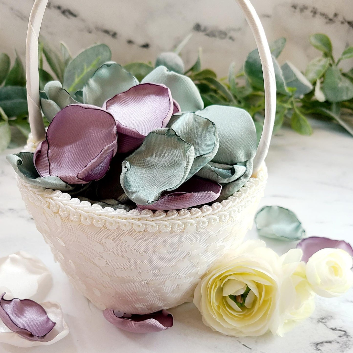 Dusty Lavender and Dusty Sage Green Rose Petals in a White Flower Girl Basket. Lavender and Sage Flower Girl Petals for tossing or wedding aisle decor, wedding decor rose petals, bridesmaid box, engagement backdrop props, She Said Yes, bridal brunch decorations
