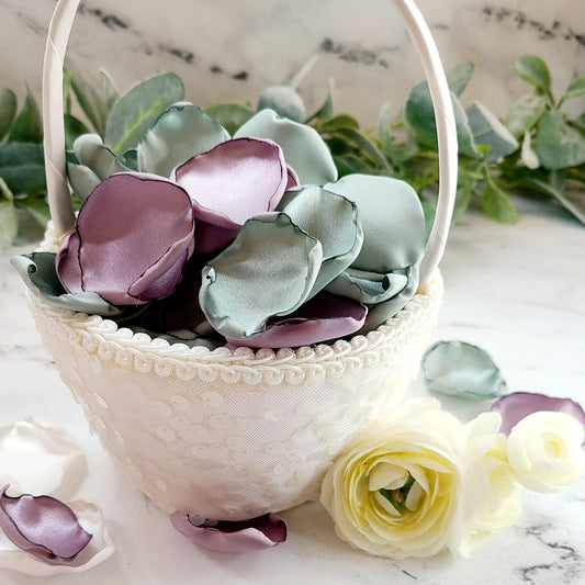 Dusty Lavender and Dusty Sage Green Rose Petals in a White Flower Girl Basket. Lavender and Sage Flower Girl Petals for tossing or wedding aisle decor, wedding decor rose petals, bridesmaid box, engagement backdrop props, She Said Yes, bridal brunch decorations