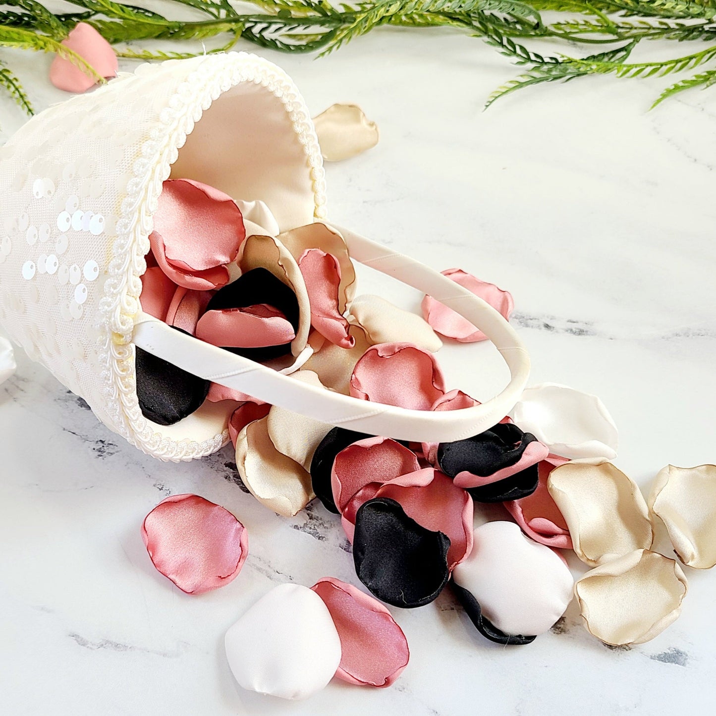 Black, Ivory, Beige, & Mauve Pink Rose Petals for a Boho Wedding Theme, flower girl basket and table confetti.