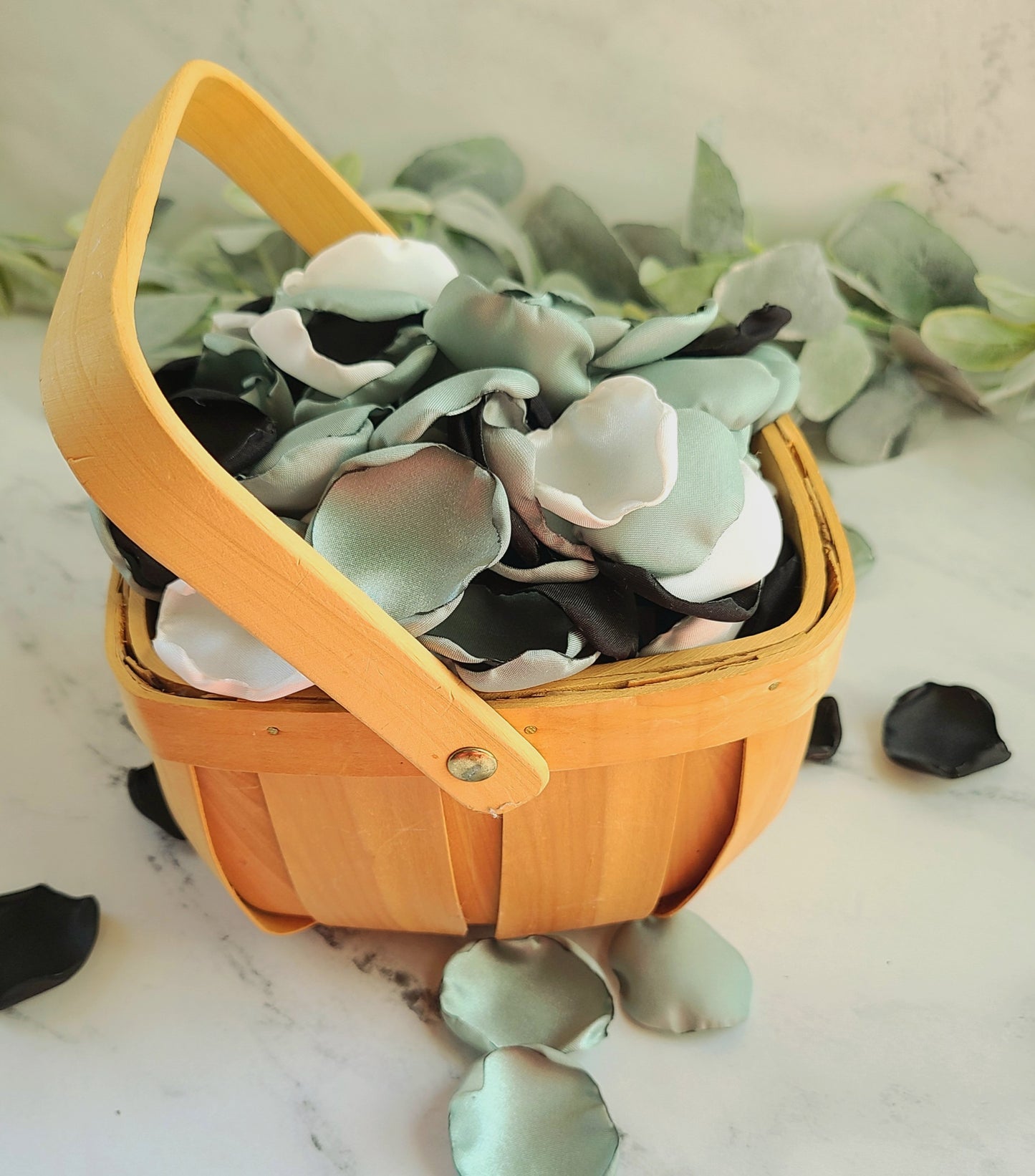 Dusty Sage, Black & Ivory Rose Petals for Wedding Decor, western flower girl basket