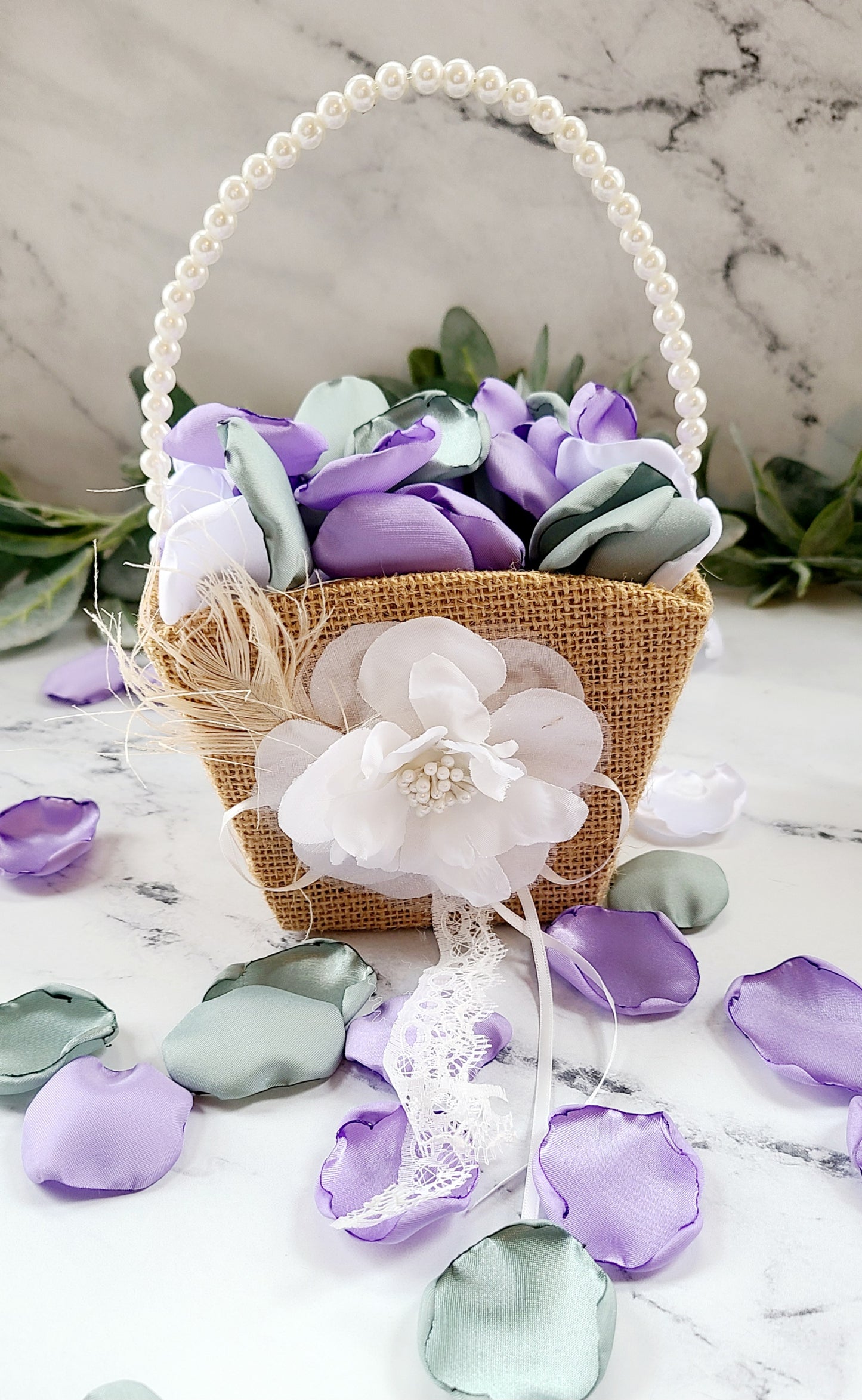 Dusty sage & lavender in western burlap flower girl basket