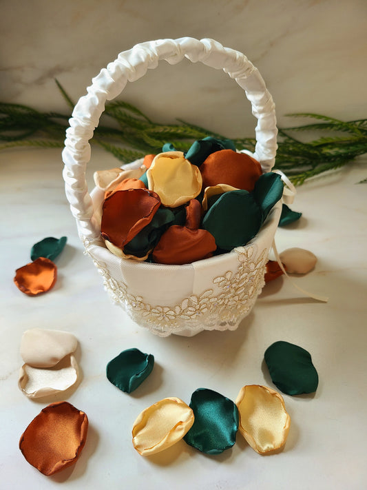 Emerald, Burnt Orange, Gold & Beige Rose Petals in an Ivory flower girl Basket, for Fall Wedding Aisle Decor, confetti, flower girl baskets, bridal brunch decorations, wedding ideas