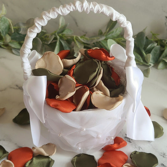 Rust, terracotta, Olive green, beige rose petals in White flower girl basket, Olive, Rust and Beige Rose Petals for Flower Girl Basket, engagement backdrop props, Flower girl petals for wedding aisle decorations, Western Wedding ideas, Boho flower girl basket, bridesmaid proposal box