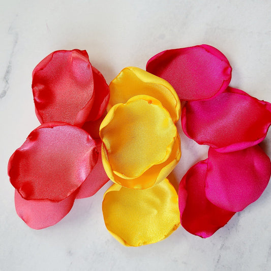 Hot Pink, Coral and Yellow Rose petals for flower girl tossing, Yellow, Coral and Fuchsia Pink Rose Petals for Flower Girl Basket, wedding aisle decor, garden inspired bridal brunch decorations, She Said Yes! Future Mrs., bridesmaid box, confetti scatter