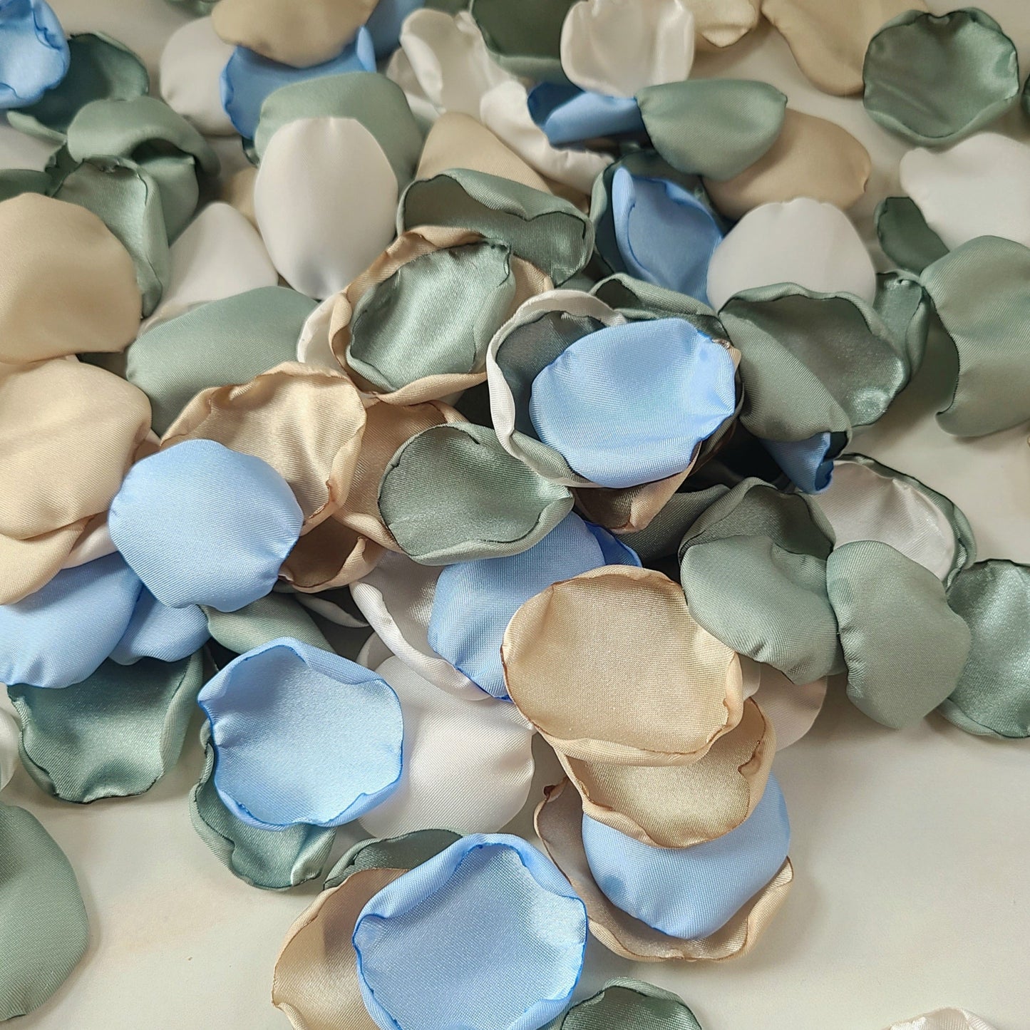 Ivory, Beige, Dusty Sage, Ice Blue Rose Petals for Wedding Decor, flower girl baskets, table confetti, boho themed wedding ideas