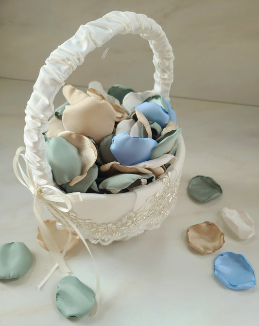Ivory, Beige, Dusty Sage, Ice Blue Rose Petals for Wedding Decor, flower girl baskets, table confetti, boho themed wedding ideas