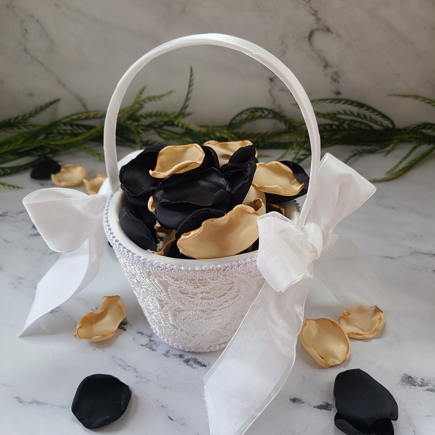 Ivory Flower Girl Basket filled with Black & Gold rose petals, We Still Do