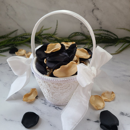 Ivory Flower Girl Basket filled with Black & Gold rose petals, We Still Do