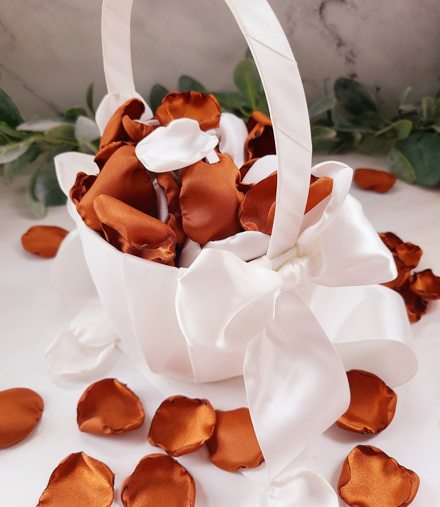Ivory Flower Girl Basket filled with Ivory & Burnt Orange Rose Petals, western wedding aisle decorations,