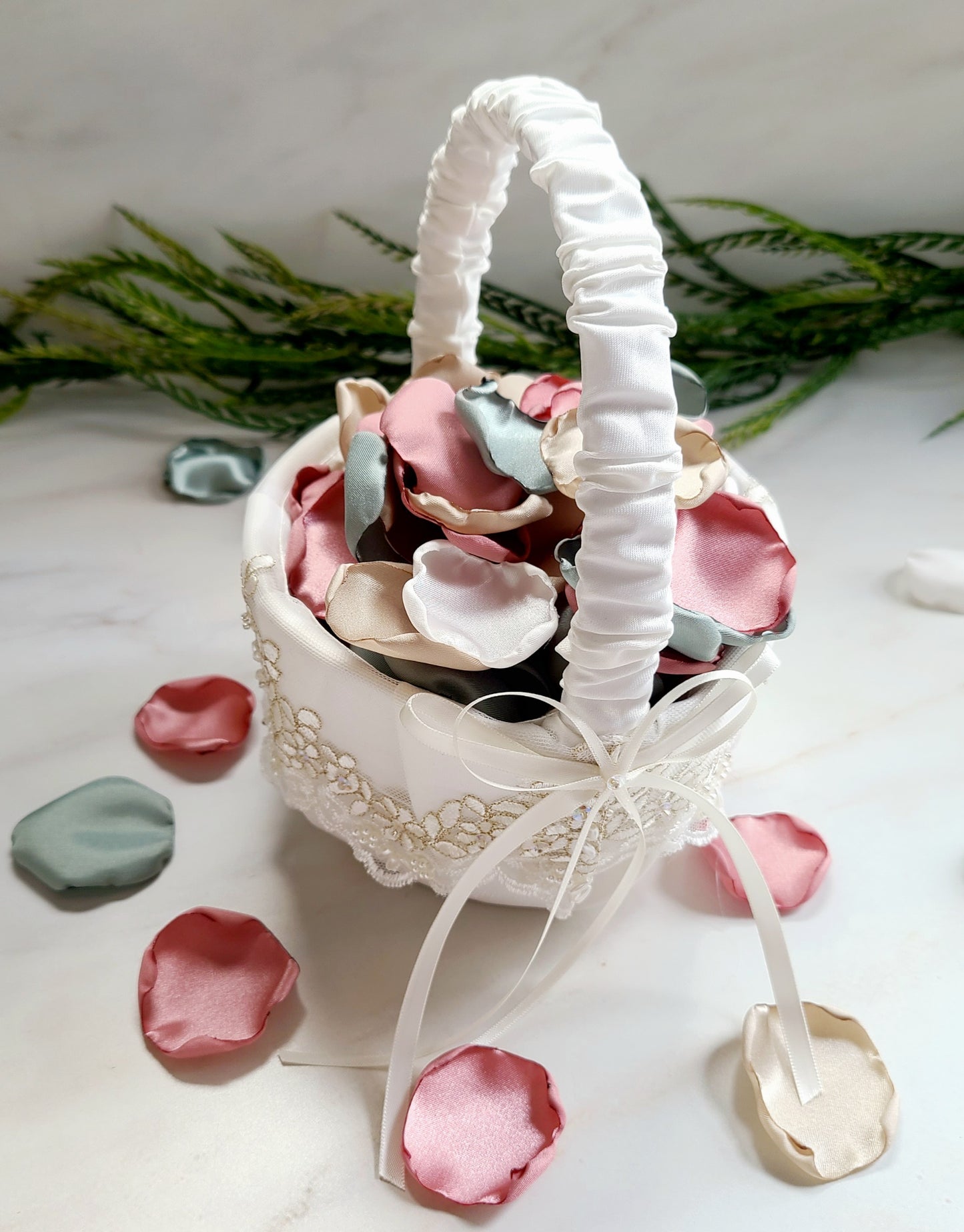 Ivory, Beige, Dusty Rose Pink, Dusty Sage Rose Petals in Ivory flower girl basket, Boho Wedding Decor Ideas, Flower Girl Petals for Wedding Aisle Decor, table confetti, bridesmaids proposal box