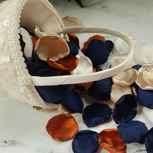 Navy, beige, ivory & terracotta rose petals for fall wedding decor ideas, flower petals for a boho themed wedding aisle, table confetti, flower girl baskets, engagement props