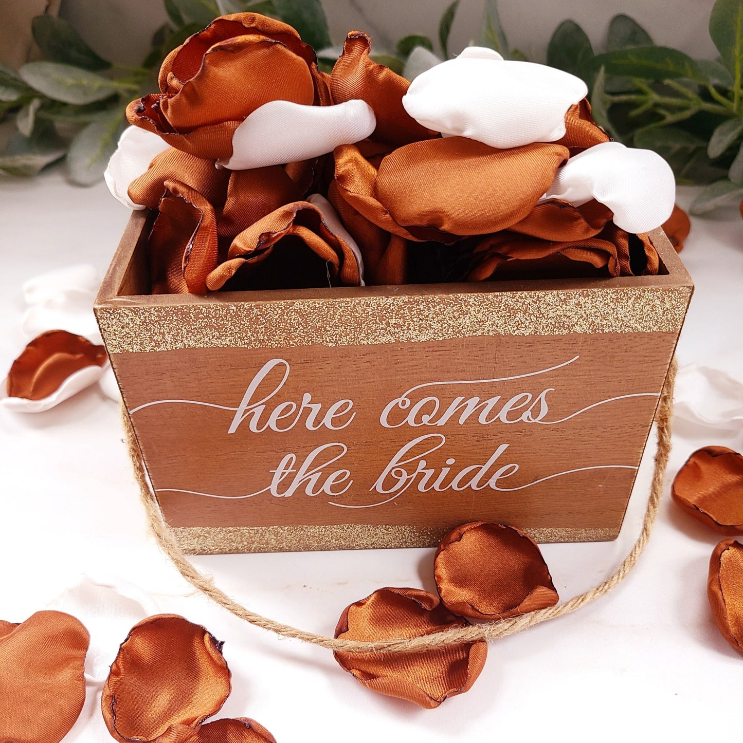Rust Terracotta Rose Petals in Rustic flower girl basket