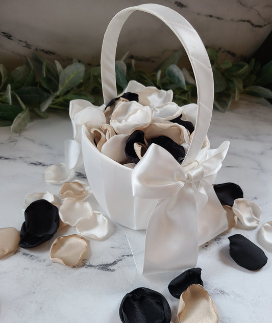 Beige, Ivory, & Black Rose Petals in Ivory flower girl basket, Moto Boho Wedding Decor, Flower Girl Petals, Engagement Backdrop Proposal Props, Wedding Aisle Decor ideas