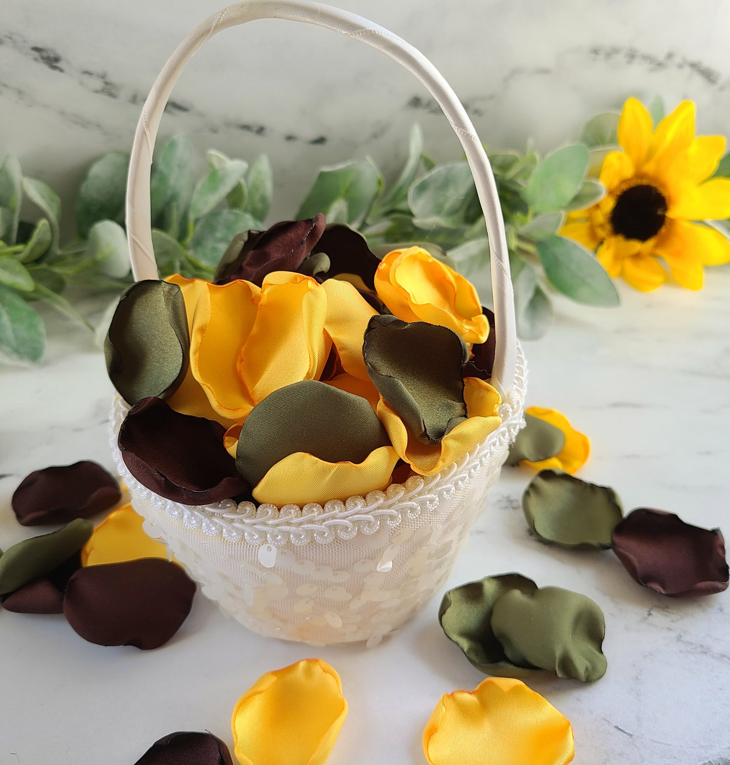 Yellow, Olive Brown, Ivory rose petals for a flower girl basket, custom wedding table confetti, western, rustic, sunflower wedding decorations, bridesmaid proposal box