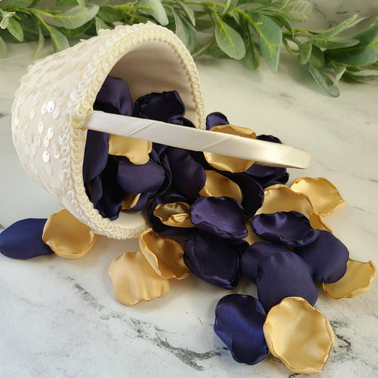 Ivory flower girl basket filled with Navy Blue & Gold rose petals for fall wedding aisle decor, flower girl petals for tossing, petal patrol box, Celestial table decorations confetti, Proposal box, engagement backdrop props, Future Mrs