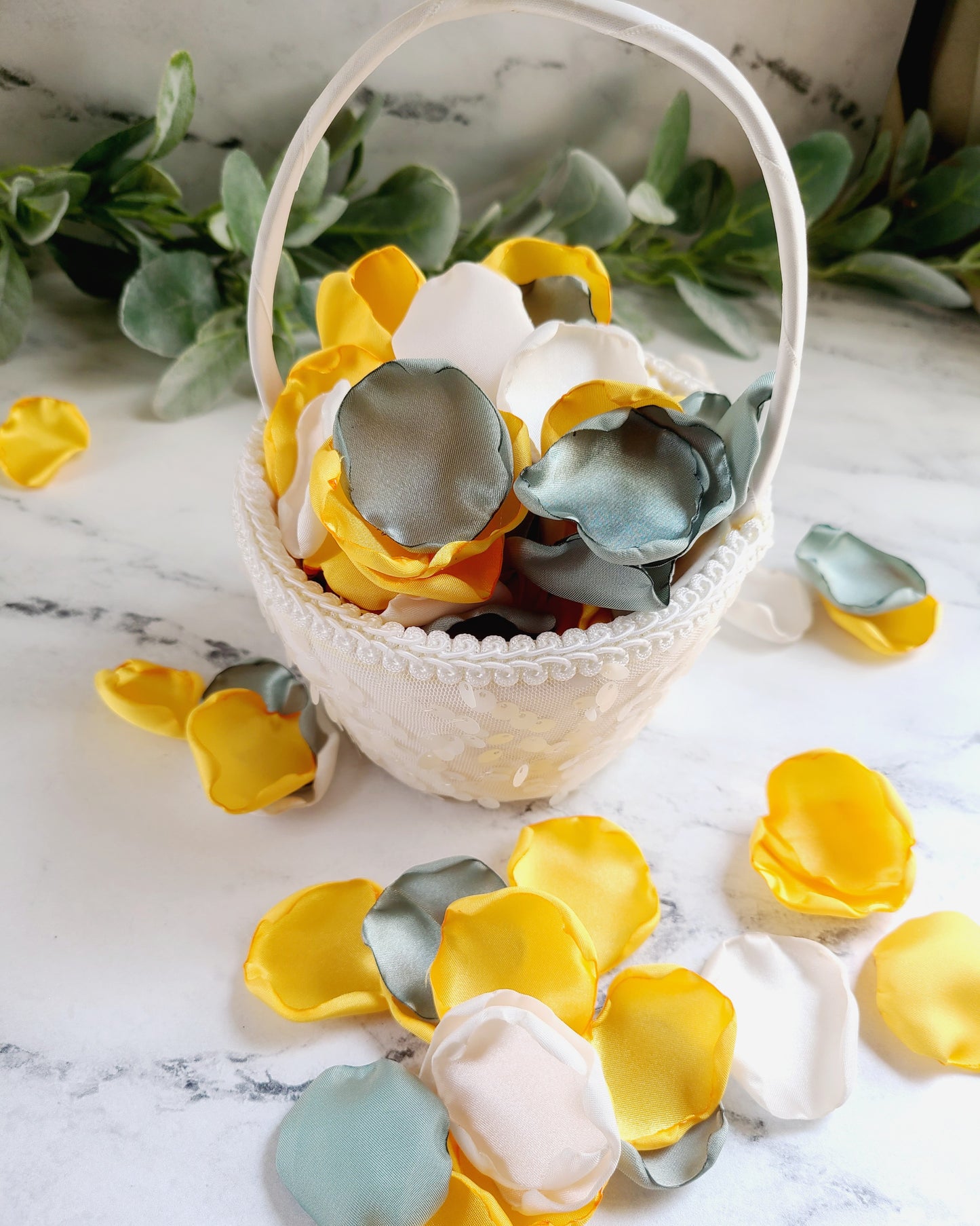 Sunflower Yellow & Sage Green Rose petals for flower girl baskets, wedding aisle decor, proposal box, engagement props