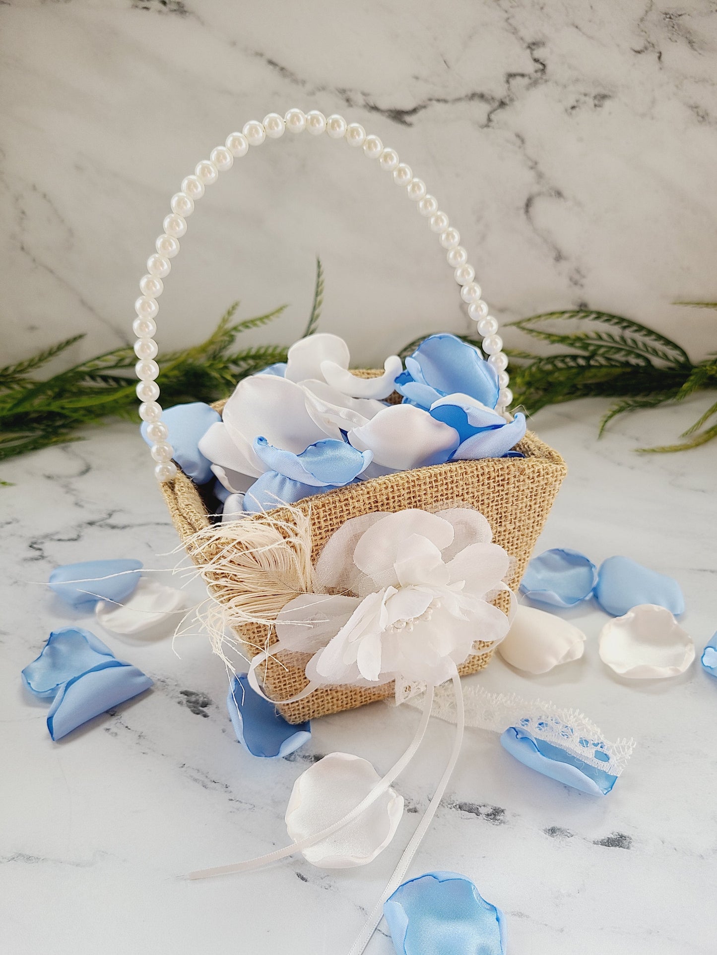 Icy Blue and Ivory Rose petals in a flower girl basket, table confetti