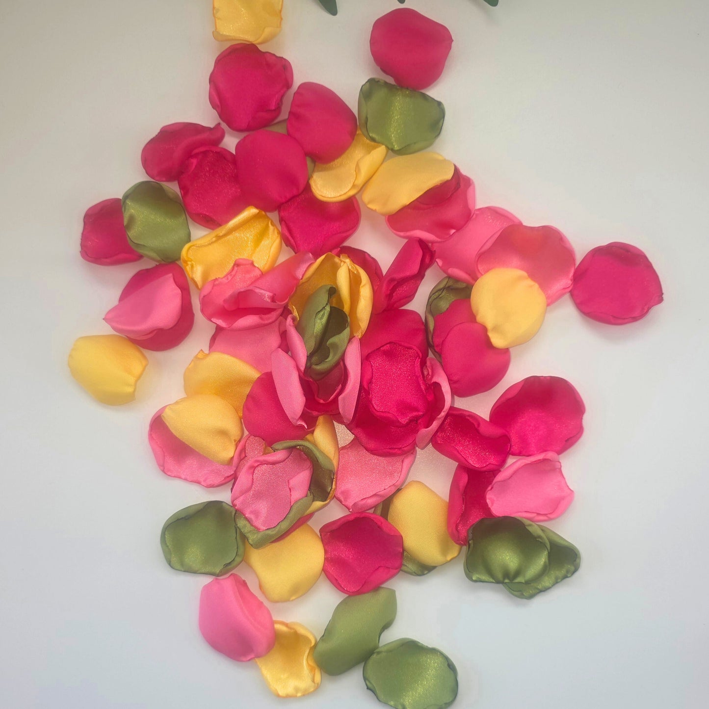 Hot Pink, Fuchsia, yellow, pink and Matcha green rose petals for flower girl toss, baskets. Use for confetti scatter, wedding aisle decor, reception tablescape decor accents, photo shoot props, Indian Wedding Color ideas for a future bride.