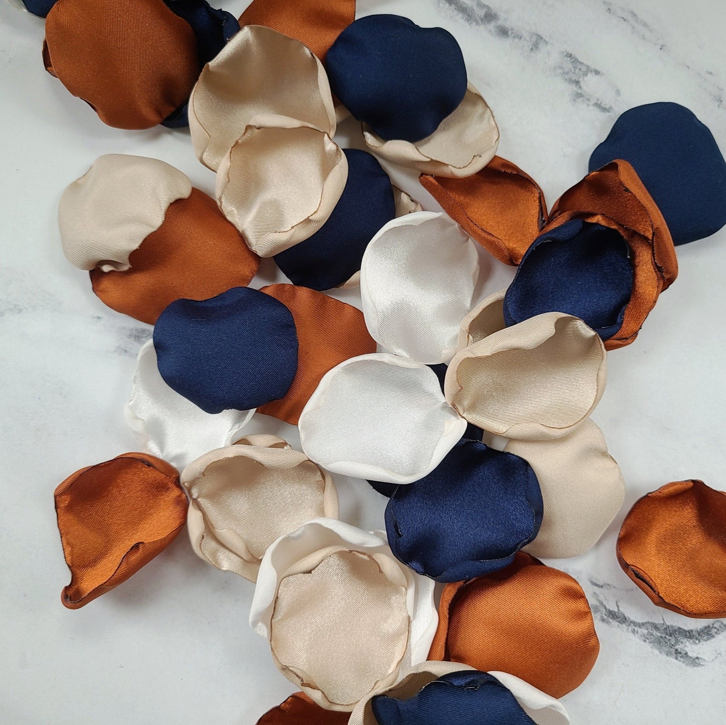 Navy, beige, ivory & terracotta rose petals for fall wedding decor ideas, flower petals for a boho themed wedding aisle, table confetti, flower girl baskets, engagement props