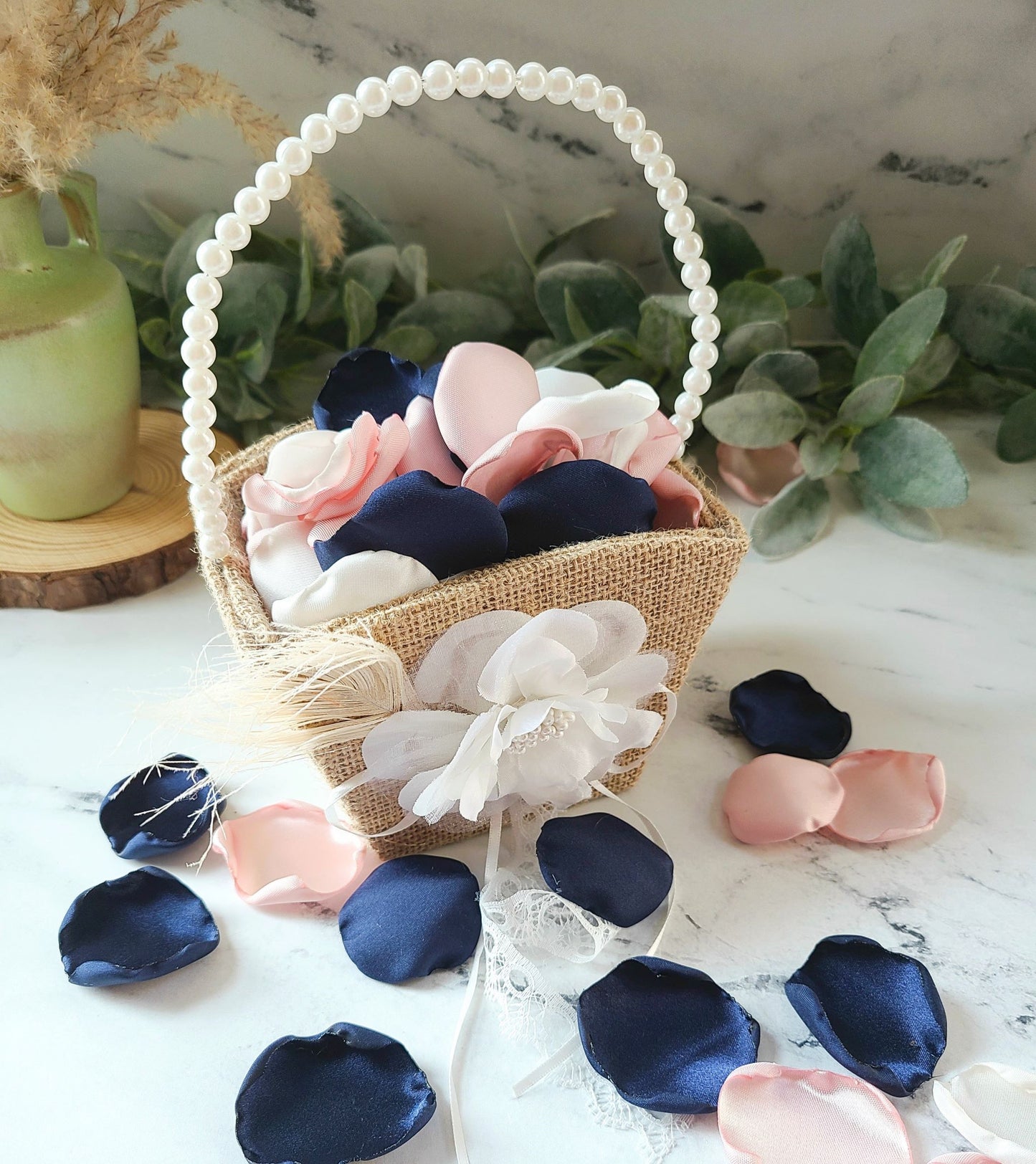 Navy Blue and Blush Pink rose petals in FFlower Girl Petals Navy Blue Rose Petals Blush Pink Wedding Decor, Rose Petals for wedding aisle decor, Bridal Brunch decorations, She Said Yes! Dazed and Engaged, Western wedding decor, table centerpiece confetti flower Girl Basket, I do wedding decor,