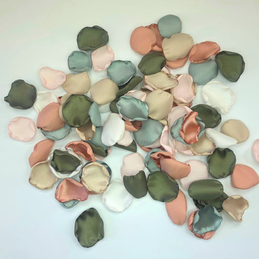 Olive Sage Beige Pink Rose petals for flower girl toss, aisle decor. Future bride ideas for tablescape confetti accents, photo props, Wedding Color Palette scheme