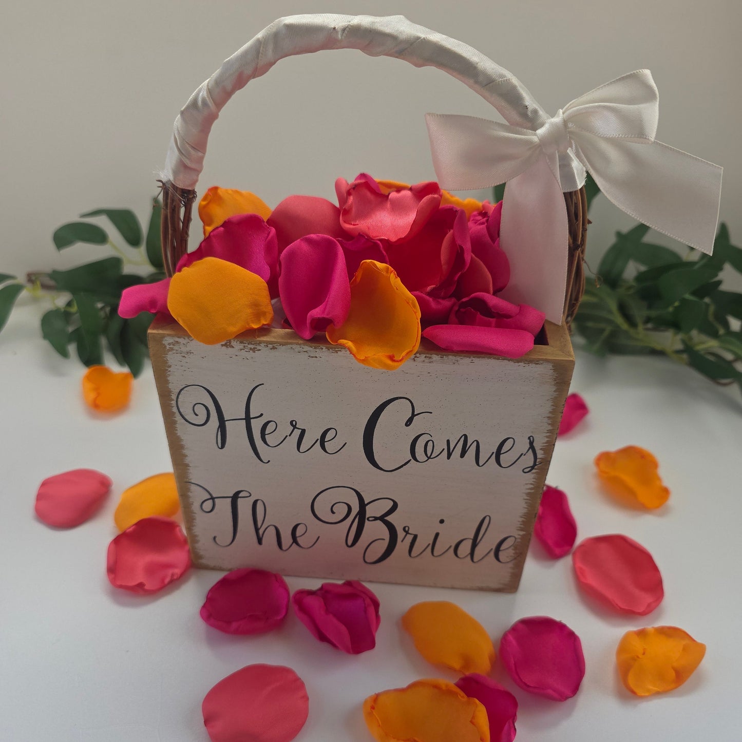 Orange, coral and Pink Fuchsia rose petals in a Here comes the Bride flower girl basket. Fuchsia, coral and tangerine orange rose petals for flower girl tossing, whimsical wedding aisle decor, tablescape accents, Sunset wedding colorful confetti scatter, future bride ideas