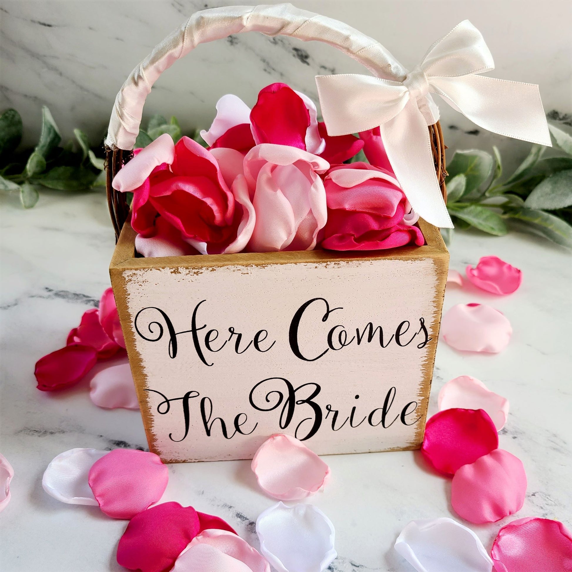 Here Comes the Bride flower girl basket with shades of Pink Rose Petals, Fuchsia, Hot Pink Rose Petals for Barbie core Wedding Decor. Shades of Pink flower girl petals for tossing, bridesmaids' box, vibrant wedding aisle decor, table decor, whimsical bridal brunch decorations, engagement backdrop props