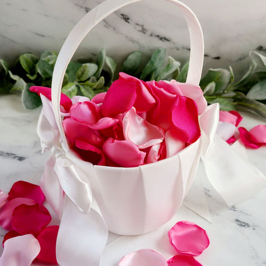Pink and white rose petals in white flower girl basket, Fuchsia, Hot Pink Rose Petals for Barbie core Wedding Decor. Shades of Pink flower girl petals for tossing, bridesmaids' box, vibrant wedding aisle decor, table decor, whimsical bridal brunch decorations, engagement backdrop props