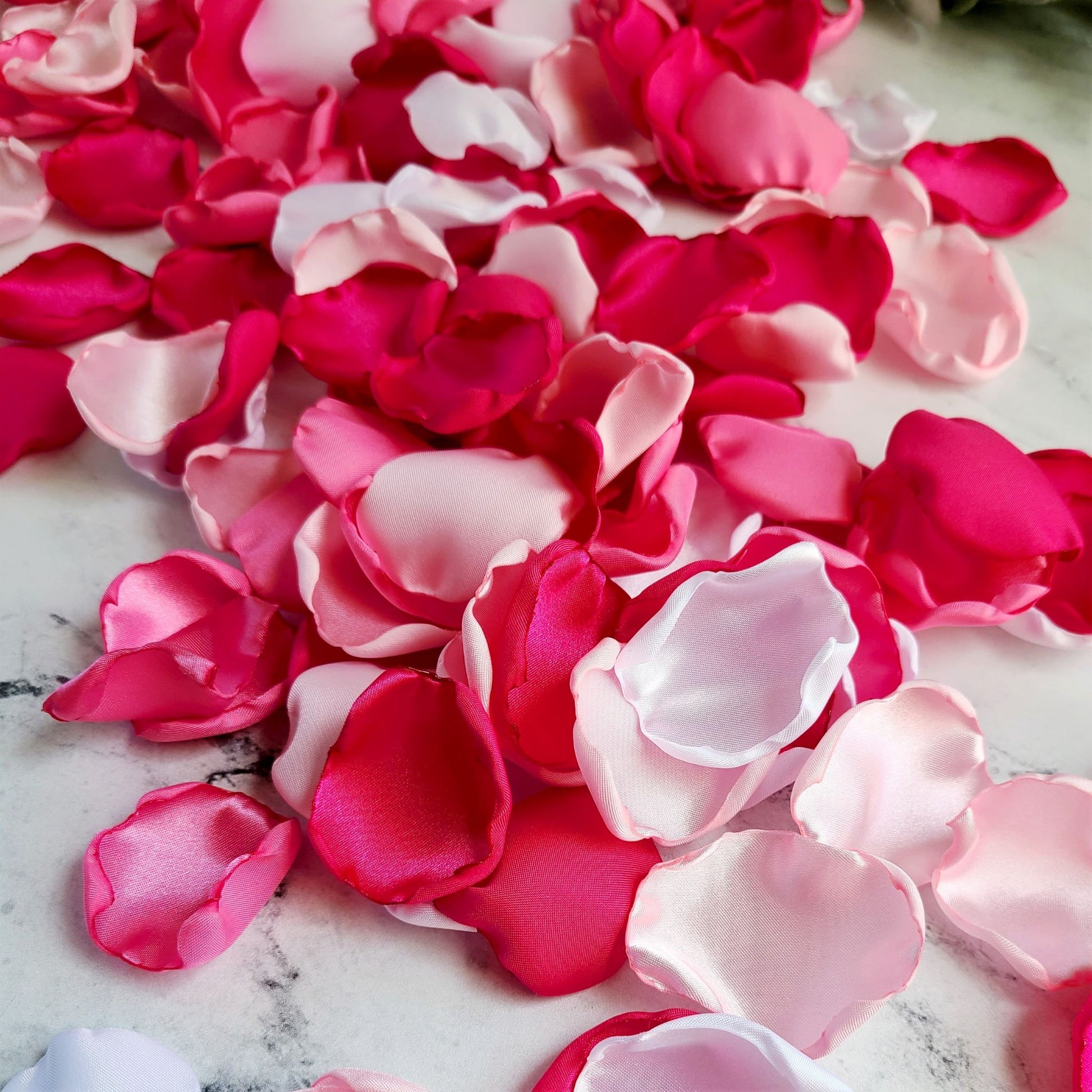 Shades of pink rose petals for barbie core wedding decor, Fuchsia, Hot Pink Rose Petals for Barbie core Wedding Decor. Shades of Pink flower girl petals for tossing, bridesmaids' box, vibrant wedding aisle decor, table decor, whimsical bridal brunch decorations, engagement backdrop props
